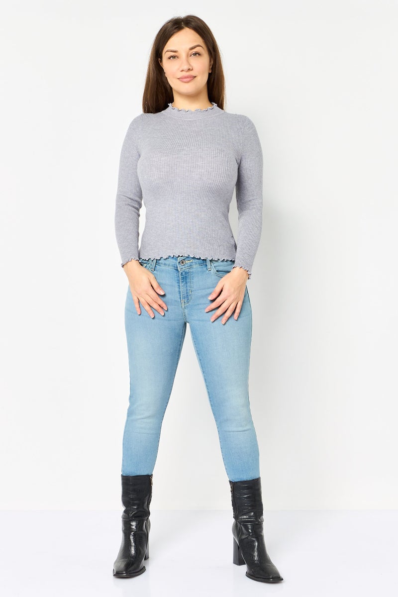 Buzz Women Mock Neck Long Sleeve Knitted Blouse, Grey - Image 4